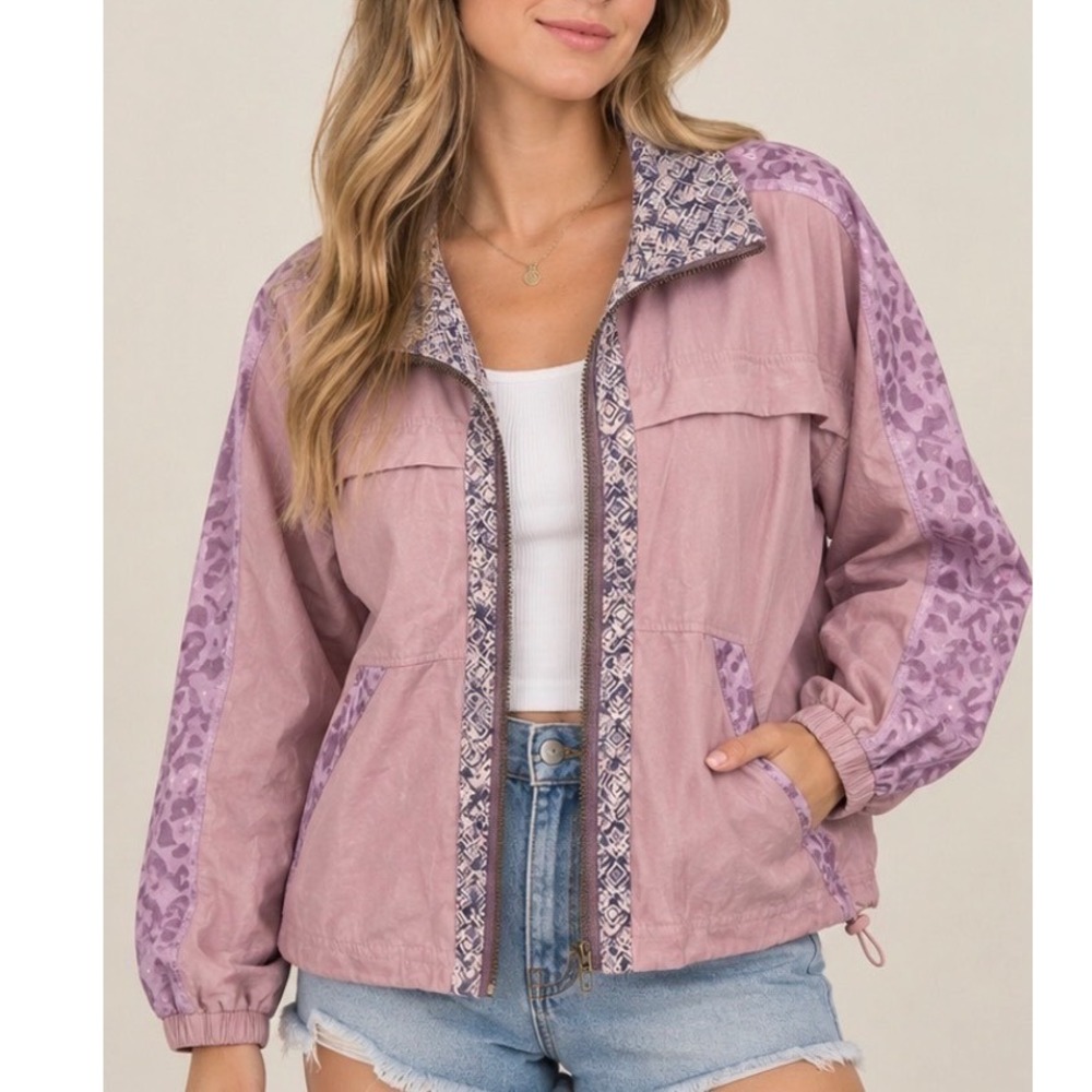 Women's Mystree Mauve Mixed Print Windbreaker Jacket Animal Print Medium NWOT